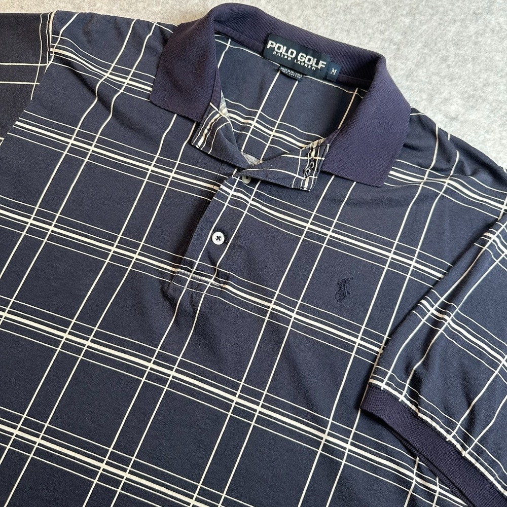 Polo Ralph Lauren Mens M Navy Blue Plaid Cotton Short Sleeve Polo Golf Shirt